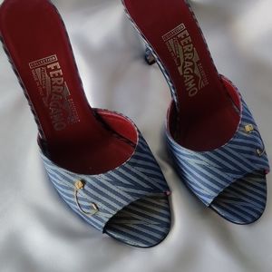 Salvatore Ferragamo Blue Stripe Slide Heels